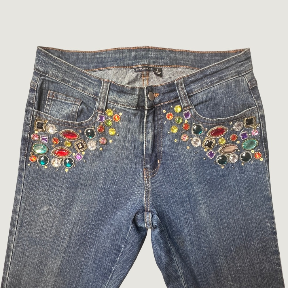 Boston Proper Jeans Womens 6 Flare Blue Jeweled Embellished Stretch Denim